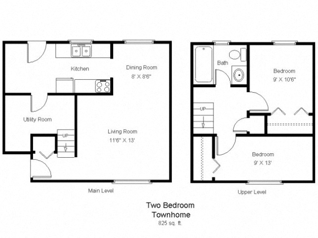 Floor plan for 2 beds, 1 bath, 825 sqft